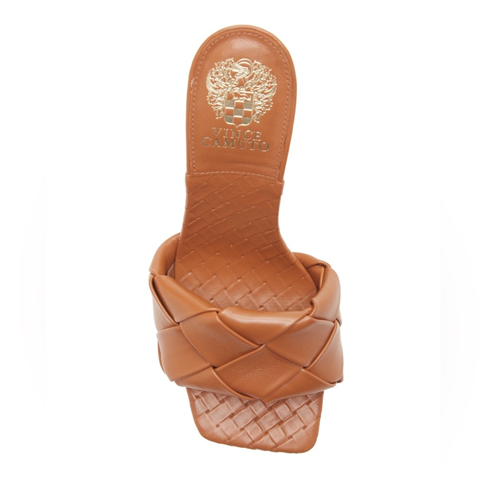 Vince Camuto Cognac Genuine Leather Woven High Heel Mules Sandal - Picture 6 of 7
